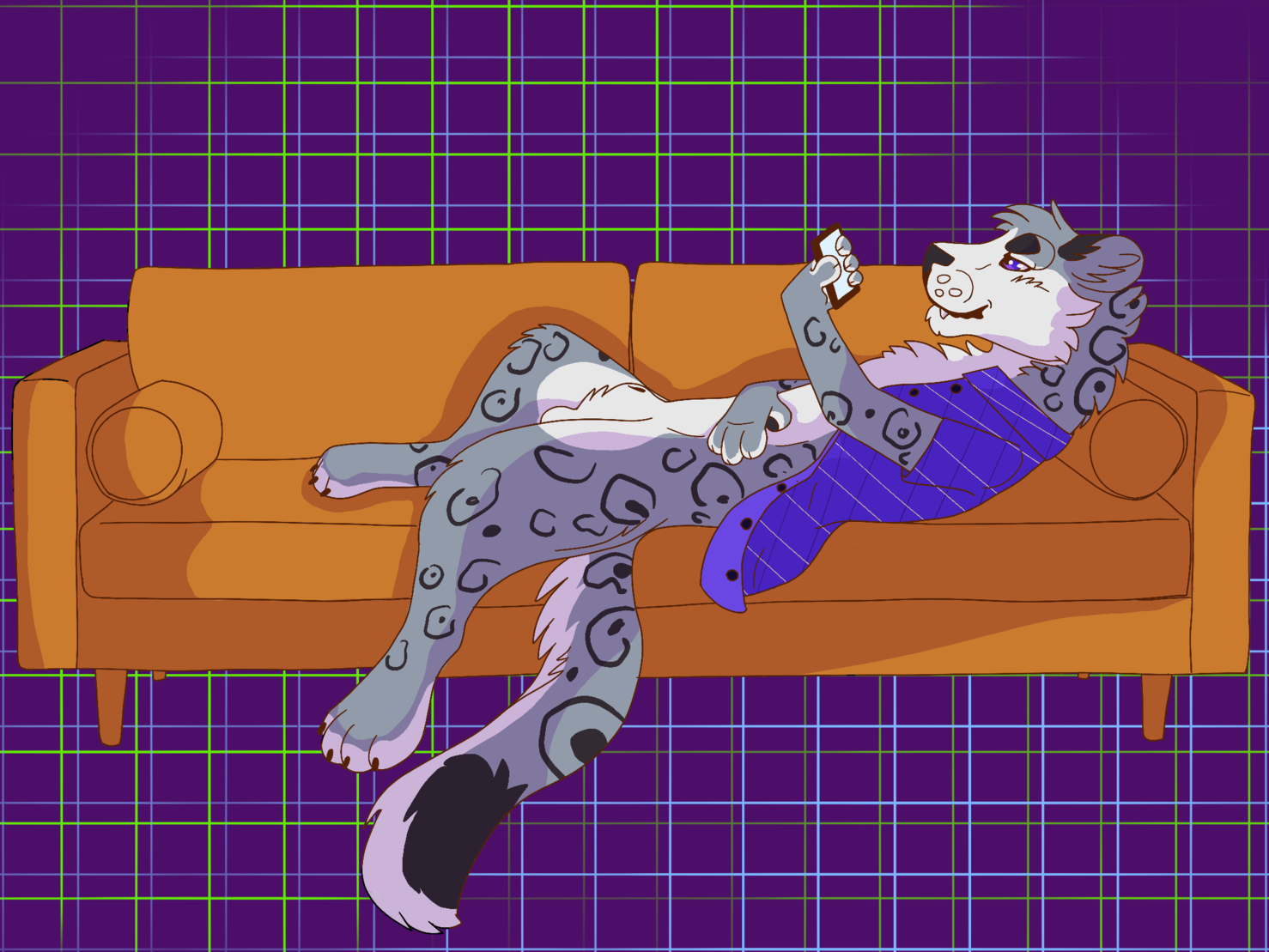 Ax laying on a couch, smiling at his phone. He's only wearing an open button-up shirt. Click to see full image.