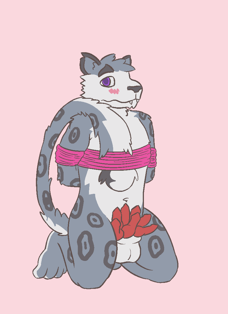 Ax kneeling with his arms bound behind his back, and his tail looped around and into the ropes. He's looking at the viewer and blushing with trepidation. Also he has seven cocks, all hard. Click to see full image.